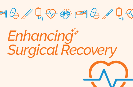 Ontario Surgical Quality Improvement Network Enhancing Surgical Recovery campaign wordmark featuring icons of pills, a surgical scalpel, a patient in a hospital bed, an IV drip, handwashing and a heart monitor