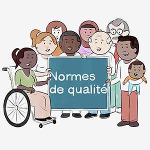 Animated people standing around a quality standards sign